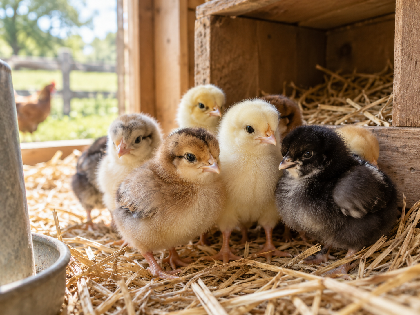 Fluffy chicks in a rustic coop