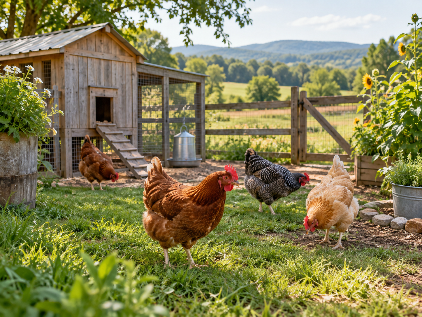 Farmyard hens and chicks in the morning light