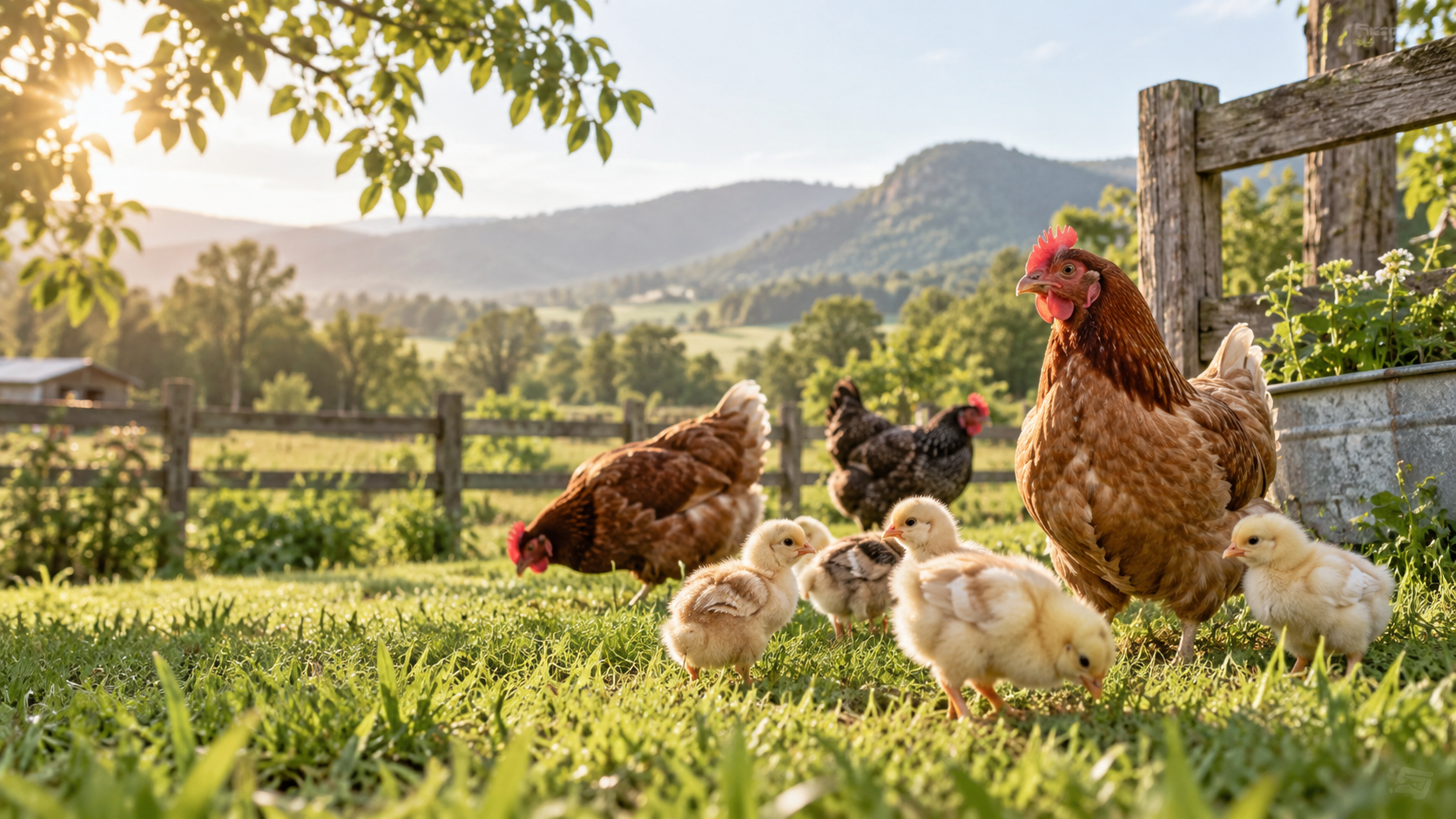 Free-range hens on a sunny farmyard